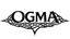 Black 'OGMA' logo with decorative elements on a white background