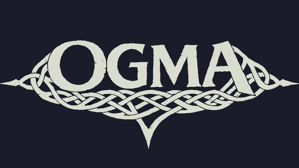 White 'OGMA' logo with Celtic knot design on a black background